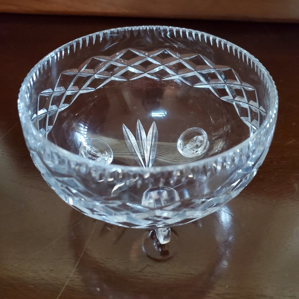 Crystal Glass Candy Dish Bowl Footed Diamond Cut and Etched Rim